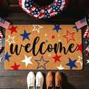 4th of July Patriotic Artificial Coir Front Door Mat 17" X30" Blue White Star Welcome Doormat Non Slip USA 250th Anniversary Independence Day Entry Rug for Indoor Outdoor Kitchen Bathroom Porch Decor