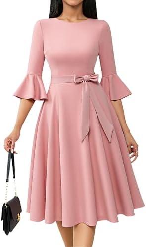 HomRain Women's Church Dresses for 2025 Wedding Guest Cocktail Tea Party Bell Sleeve Vintage Evening Graduation Dress, 2XL
