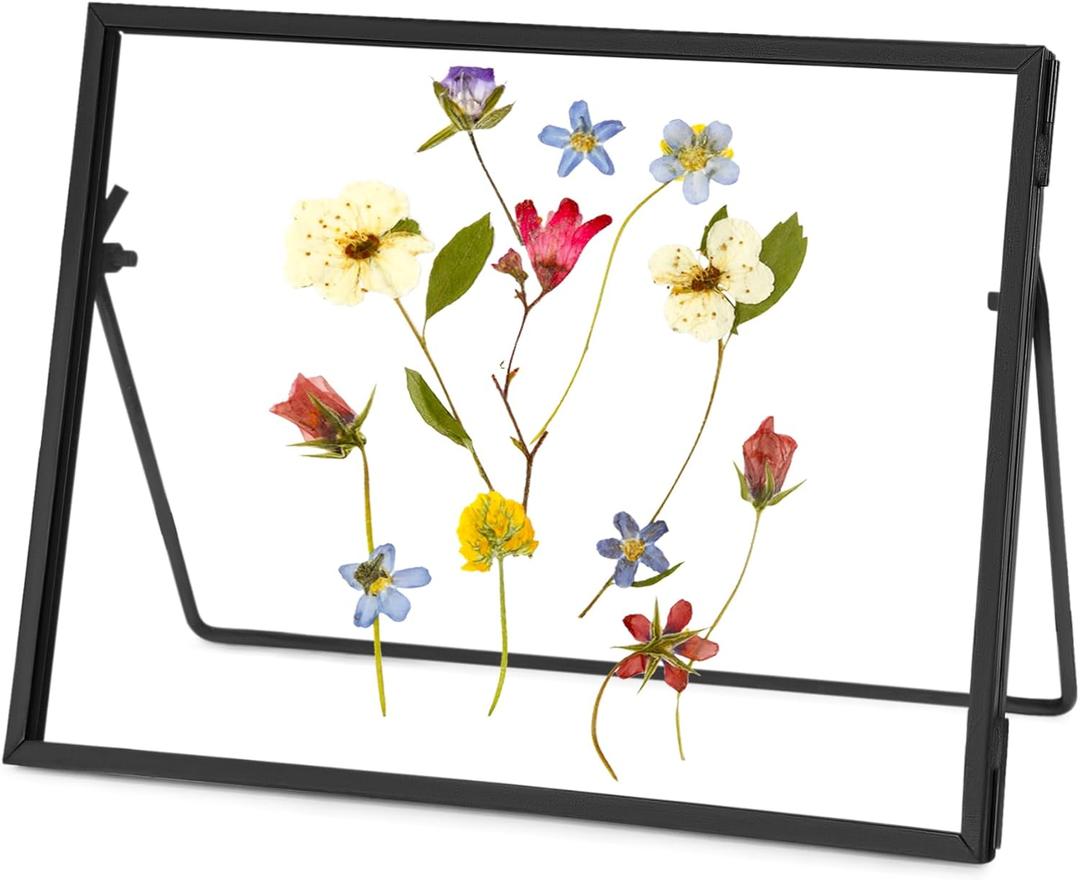 Glass Pressed Flower Frame Handmade, Glass Floating Picture Frames Tabletop Brass Photo Frame for DIY Dried Flowers Home Plant Specimen, Rectangle Horizontal 57 inches,Black (FRAME ONLY) (7L" x 5W")
