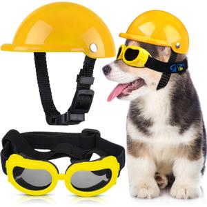 Frienda Dog Helmet and Goggles, UV Protection Doggy Sunglasses and 4 Inch Padded Puppy Motorcycle Helmet Adorable Dog Goggles with Adjustable Belt for Small Dogs Puppy Riding (Yellow)