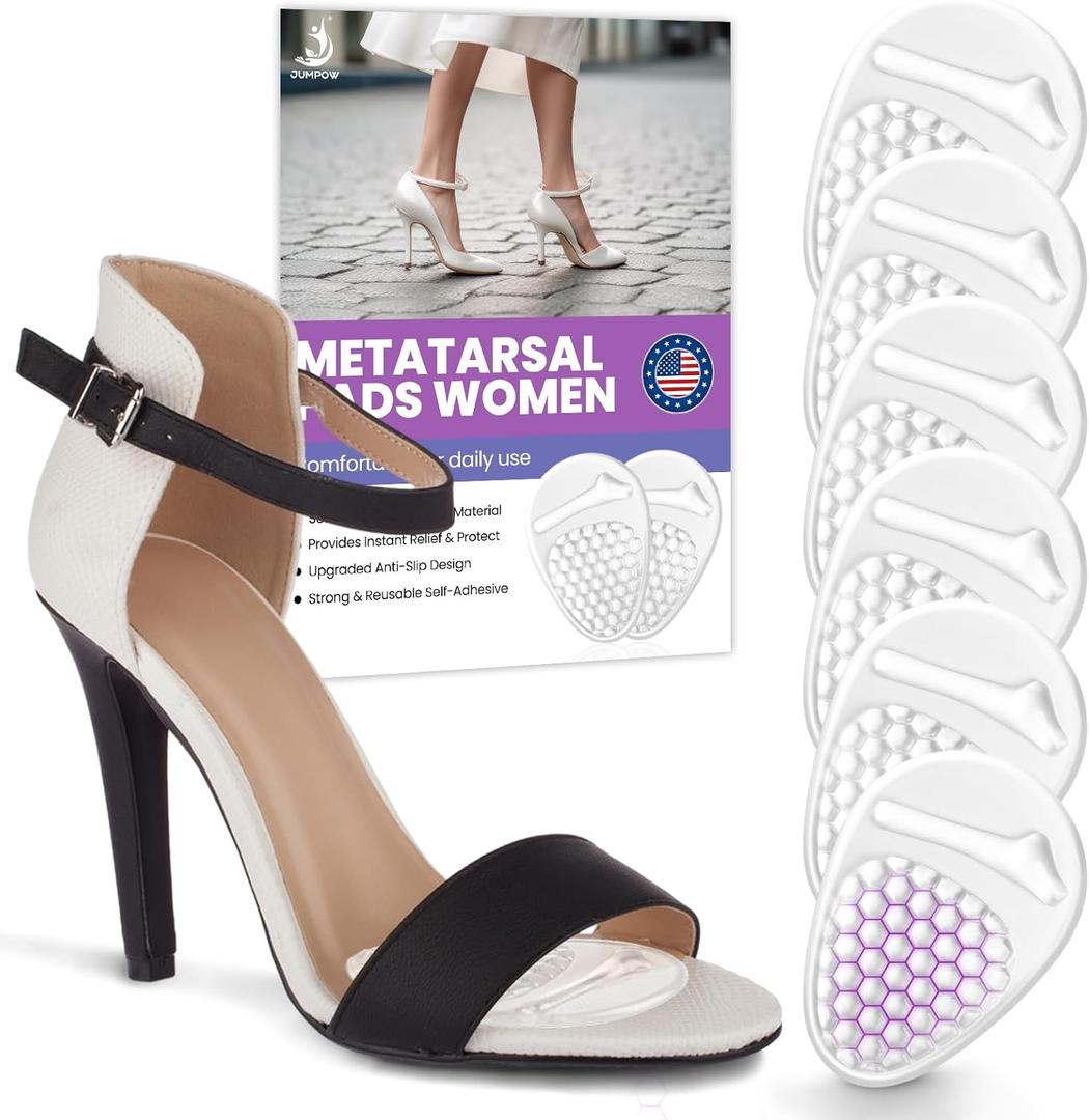 JUMPOW Ball of Foot Cushions for Women, (3 Pairs) Gel Metatarsal Pads Women, Non-Slip High Heel Comfort Pads, Heel Inserts for Women All Day Pain Relief and Comfort, One Size Fits All (Clear)