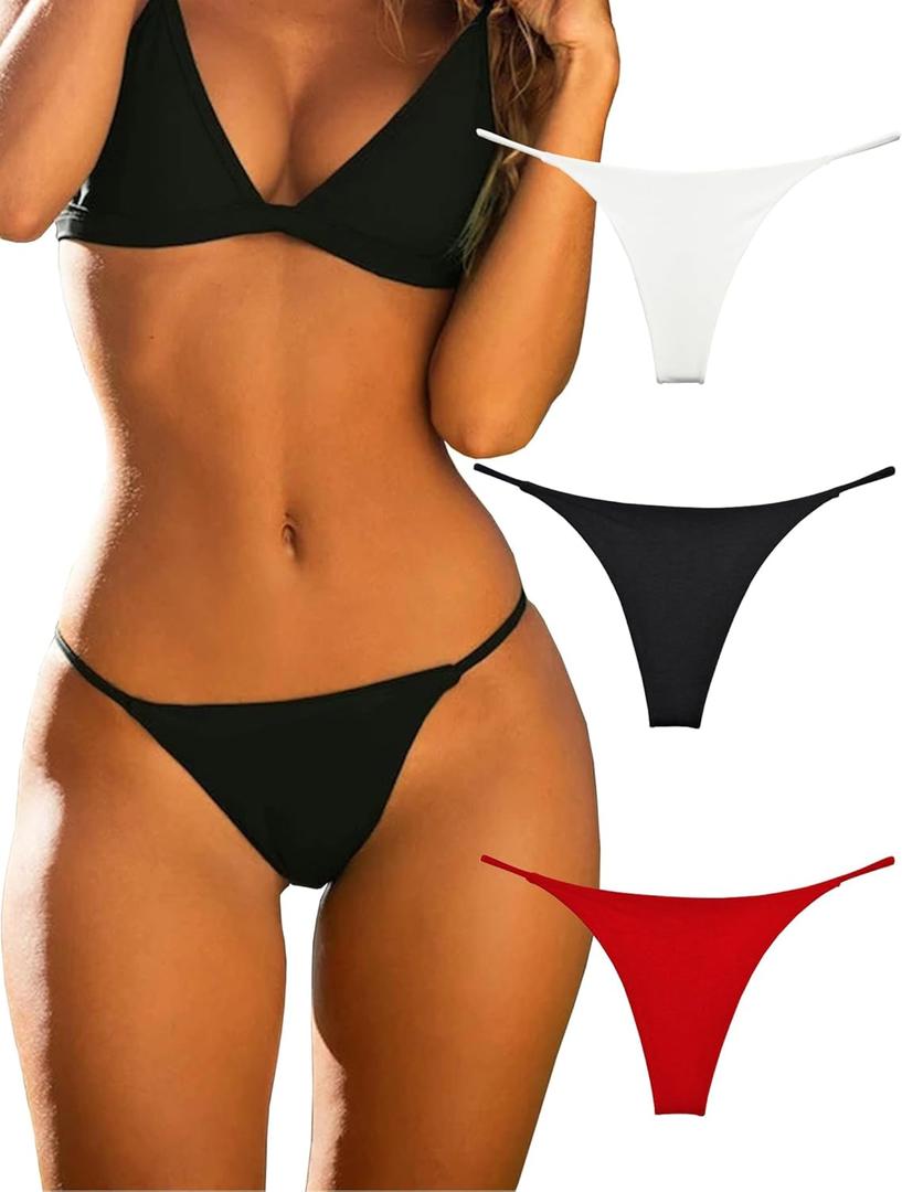 KUKU PANDA Cotton Thongs for Women Sexy Seamless Woman G String Panties 3 Pack Set (Medium, Black/Red/White)