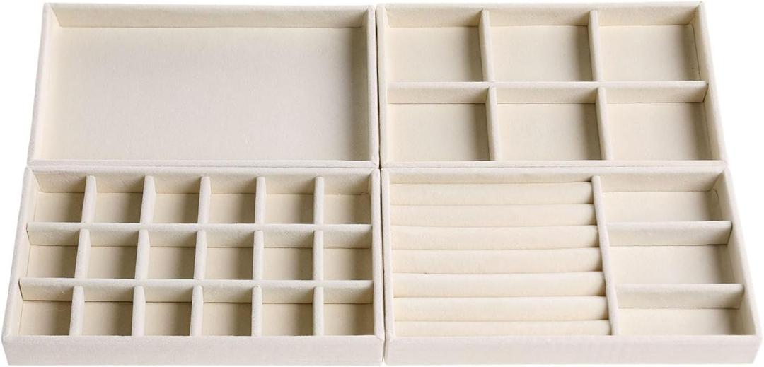 Velvet Jewelry Organizer for Drawer, Stackable Jewelry Drawer Inserts in Dresser, 8in Beige Storage Display Case for Rings Stud Necklaces Accessories, Set of 4