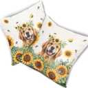 Sunshine Dog Pillow Covers 18x18in Set of 2 Yellow Sunflower Golden Retriever Puppy Throw Pillowcases Summer Bees Floral Cotton Linen Sofa Couch Patio Bedroom Cuchion Cover Decor