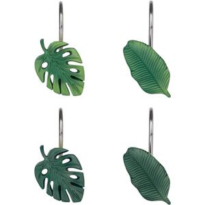 Tropical Leaf Decorative Shower Curtain Hooks Green Botanical Shower Curtain Rings, Resin, Monstera Deliciosa Strelitzia Reginae Leaves Shower Curtain Hangers for Bathroom, Set of 12