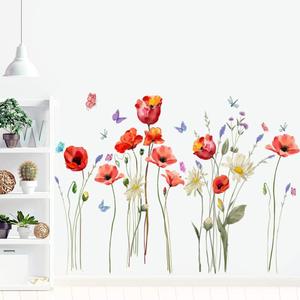 Runtoo Poppy Flowers Art Stickers Butterfly Floral Wall Decals for Living Room Bedroom Decor