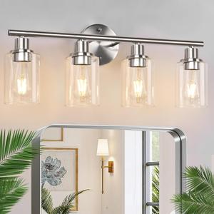 4-Light Bathroom Light Fixtures, Brushed Nickel Modern Vanity Light with Clear Glass Shade, Bathroom Lighting Fixtures Over Mirror, Bathroom Wall Lamp for Mirror Living Room Bedroom Kitchen Hallway