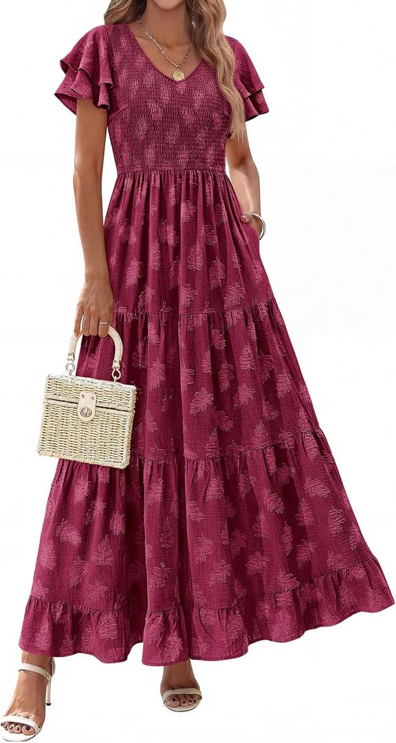 dowerme Maxi Dresses for Women 2026 Summer Ruffle Sleeve V Neck Smocked A Line Floral Boho Tiered Sundress Spring Outfit (Medium, Burgundy)
