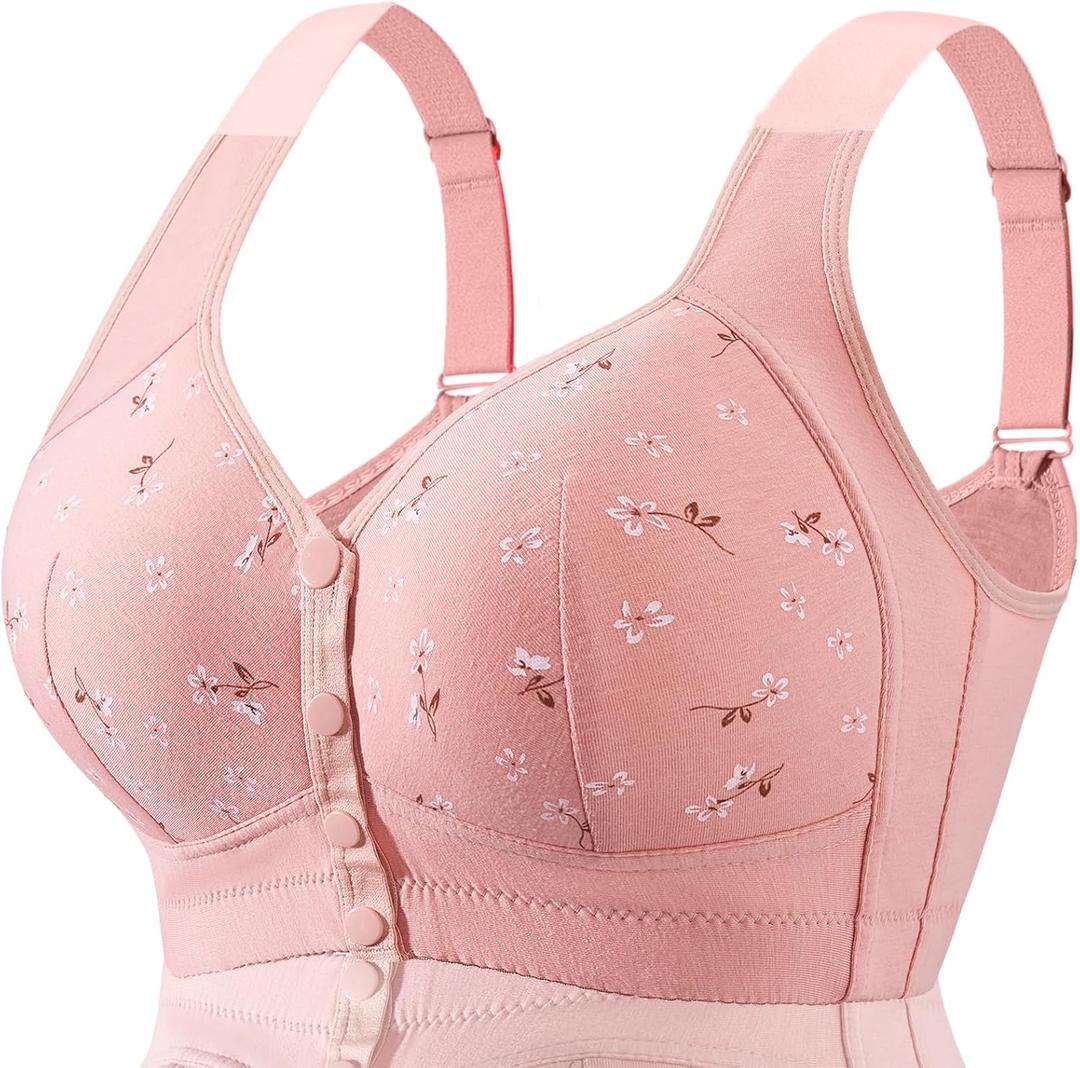 4 x Daisy Bras for Older Women Floral Plus Size Bra Wireless Front Closure Bras for Senior Daisy Comfort Tshirt Bra (Pink, L)