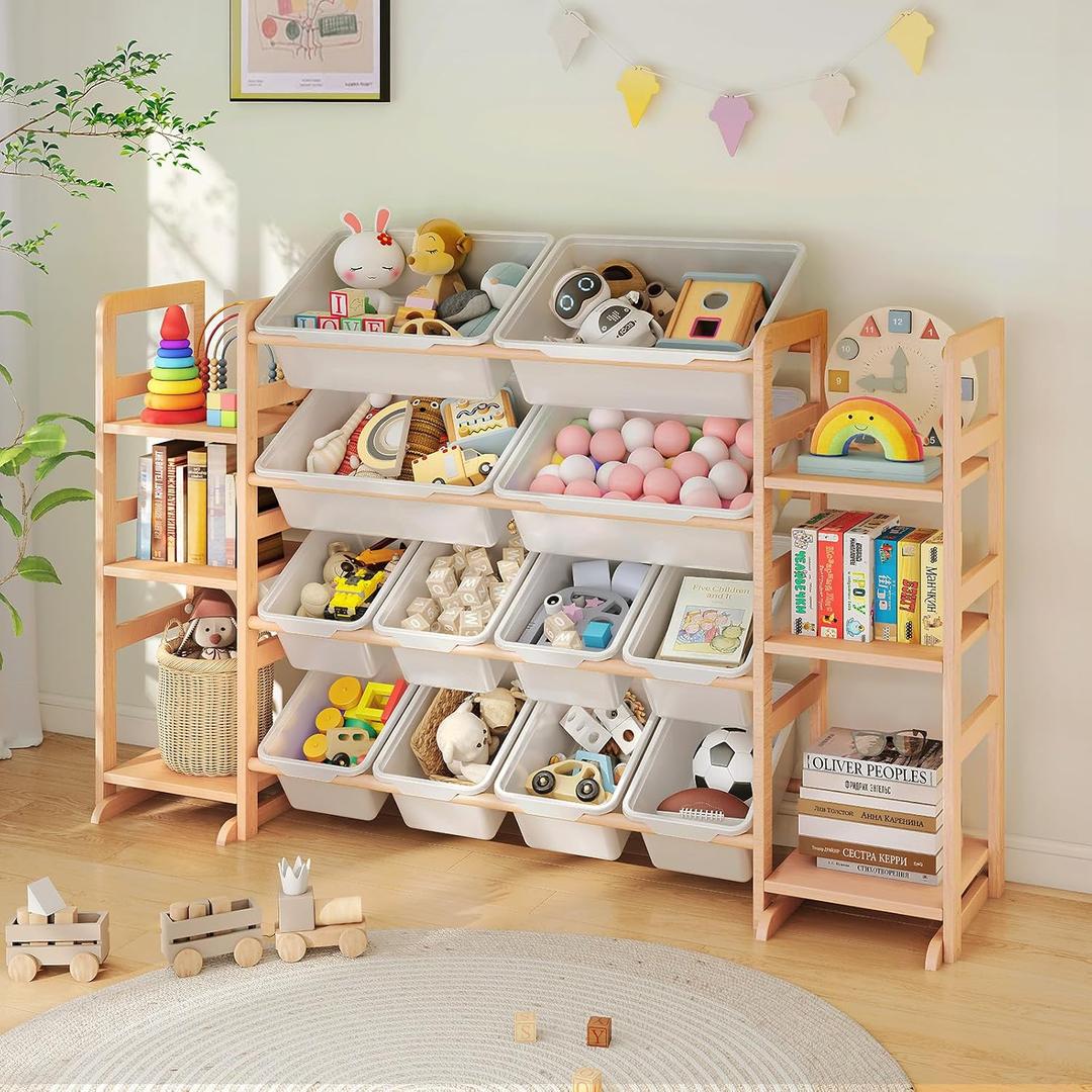 Wooden Toy Storage Organizer with 6 Shelves and 12 Bins, Toy Organizer Storage Kids Bookshelf, Toy Shelf for Playroom, Nursery, and Bedroom, 35.05 x 13.58 x 11.42 inches