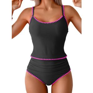 Eomenie Tankini Swimsuit for Women Tummy Control Ruched Two Piece Bathing Suits High Waisted Shell Stitch Swimwear (Medium, Black&hot Pink)