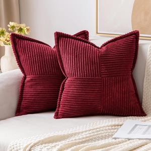 MIULEE Decorative Throw Pillow Covers for Couch Bed Livingroom 20x20 Inch Set of 2 Burgundy Boho Accent Throw Pllows Broadside Striped Patchwork Soft Corduroy Pillowcases
