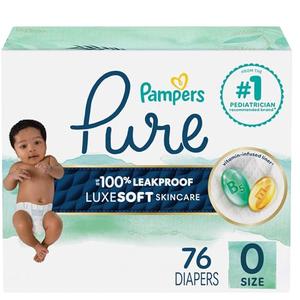 Pampers Pure Baby Diapers, Size 0 (>10 lbs), 76, Up to 100% Leakproof, Premium Hypoallergenic Soft Diapers
