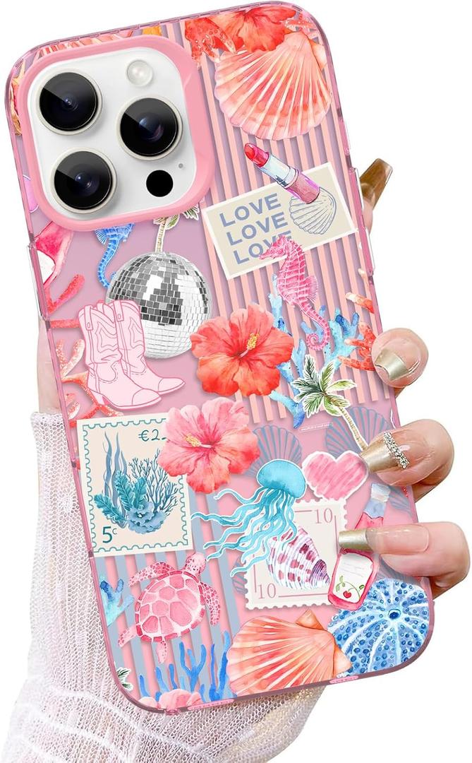 ZIYE for iPhone 15 Pro Phone Case Glitter Glossy Pink Coastal Beach Ocean Sea Shell Floral Collage for Women Girl Slim Shockproof Protective Phone Cover