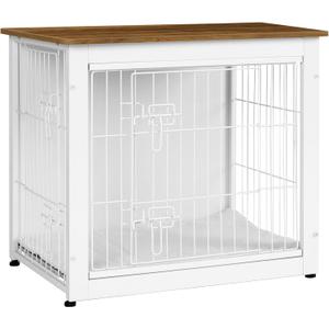 DWANTON Dog Crate Furniture with Cushion, Wooden Kennel Table with Double Doors, Indoor Dog House, Small/Medium/Large Size, 27.2" L, White+Warm Brown