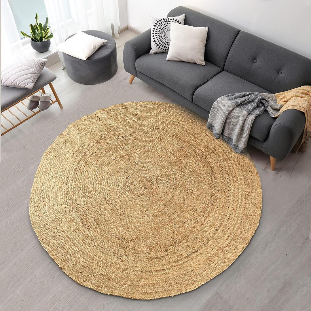 Signature Loom Handcrafted Farmhouse Jute Accent Rug (5 ft Round) - Soft & Comfortable Jute Area Rug - Natural Jute Rug to Bring a Sense of Peace & Relaxation  Jute Rugs for Living Room (4'10" (Round))