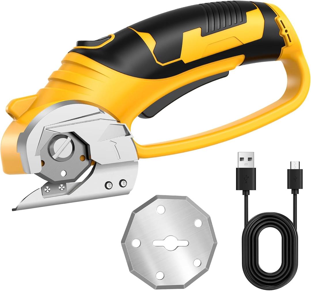 Cordless Electric Fabric Scissors, Cardboard Box Heavy Duty Scissor, Rechargeable Power Rotary Cutter, Leather Sewing Shears, Plastic Packages Carpet Cutter with 2 Blade, 4V, 2000mAh, Type-c