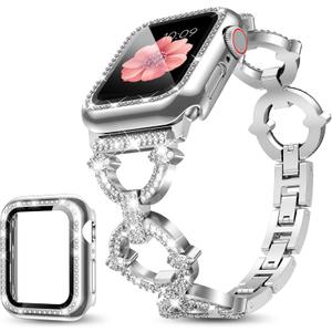 Mesime Compatible with Apple Watch Band 38mm 40mm 41mm 42mm 44mm 45mm 46mm, Women Bling Jewelry Bands with Tempered Glass Screen Protector Case, Shiny Strap for iWatch Series 10/9/8/7/6/5/4/3/2/1/SE (Silver)