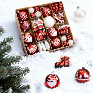 48PCS Red and White Christmas Balls Ornaments Set, Shatterproof Plastic Ball Set with Hanging Strings, Hanging Ball Ornaments for Xmas Christmas Tree Decorations, Early Christmas Gift Ideas