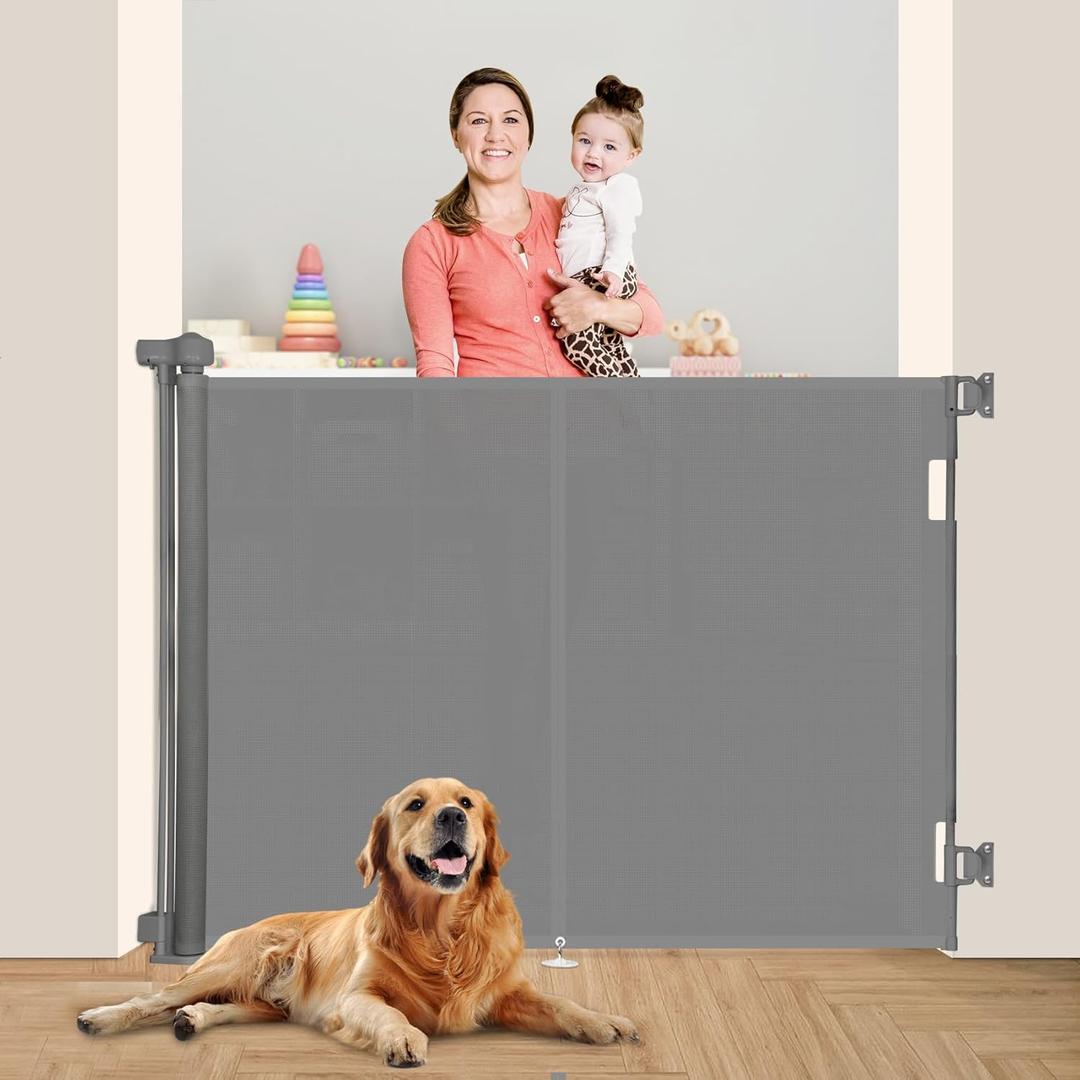 59 inch Retractable Baby Gates, Retractable Gate with Reinforced Strip Design to Prevent Crawling Through, 5 FT Retractable Dog Gate for Stairs, Doorways, Hallways, Indoor/Outdoor