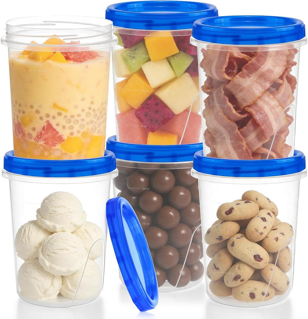 6 Pack Freezer Containers with Screw On Lids 32 Oz | Stackable Reusable Plastic Storage Container, Airtight Plastic Food Storage Containers with Twist Top Lids for Food Soup Jell