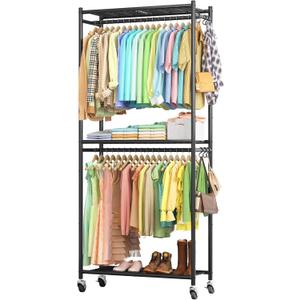Clothes Rack - 33.0" x 12.2" x 79.5" Clothing Rack with Shelves & Wheels, Multi-Functional Wardrobe Closet with Hooks, Sturdy Metal Garment Rack for Bedroom, Laundry, Balcony (Black) (Large)