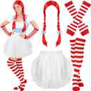 4 Pcs Halloween Fast Food Costume for Women Include Red Braided Wig Half Waist Apron Long Arm Warmer Striped Knee High Socks for Halloween Cosplay Party