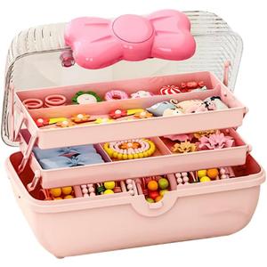 Cute Hair Accessories Organizer 3-Layers Kids Jewelry Storage Box Plastic Hair Accessories holder for Girls (Pink, 10.8 x 5.7 x 5.9 Inch)
