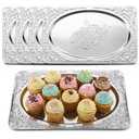 4 Pcs Silver Serving Trays Set 13.8" x 8.5" Small Stainless Steel Serving Tray Oval Floral Engraved Tray Heavy Duty Metal Serv ing Trays for Coffee Table, Bar, Party, Club, Home
