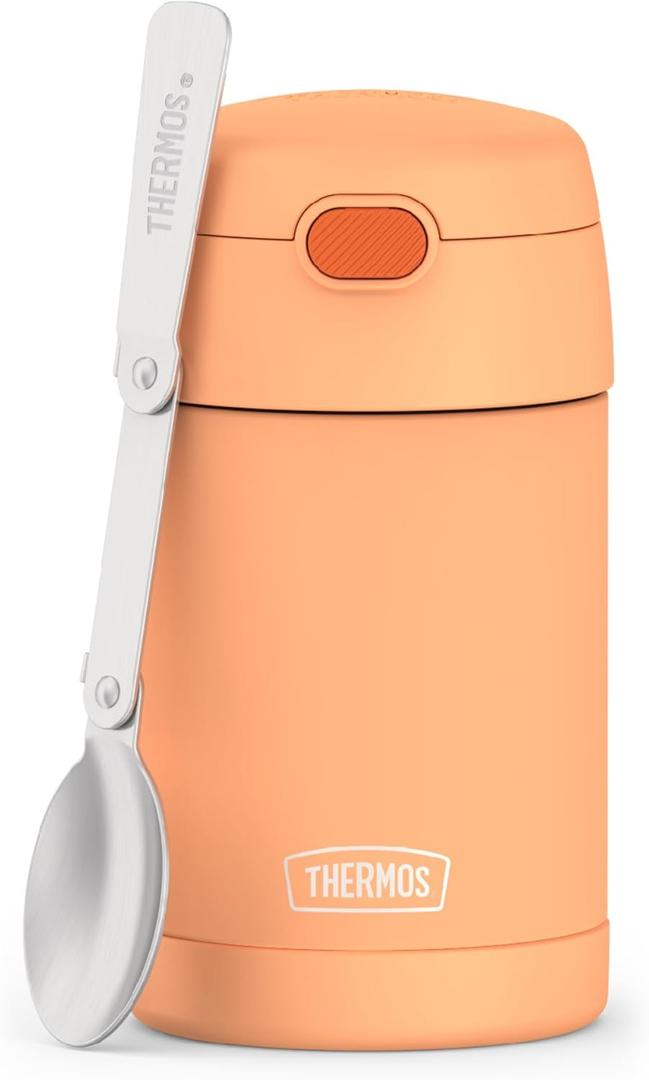 THERMOS FUNTAINER 16 Ounce Stainless Steel Vacuum Insulated Food Jar with Folding Spoon, Neon Orange