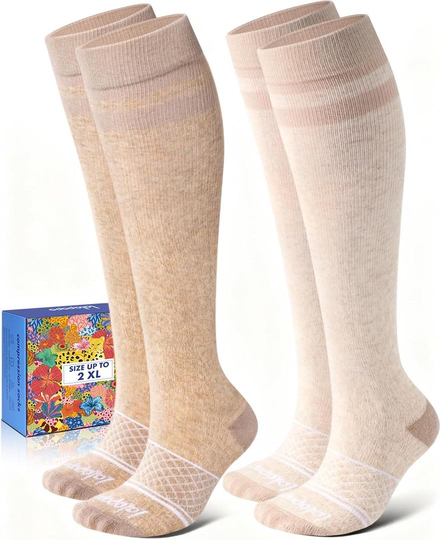 Cotton Compression Socks for Women Men - 2 Pairs 20-30mmHg Circulation Grid Arch Support Socks, Breathable (Small-Medium, Oatmeal & Beige)