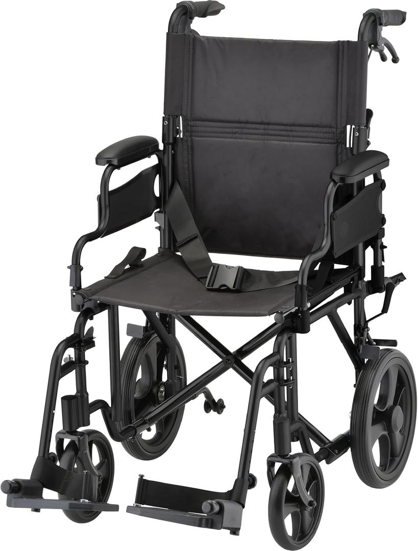 NOVA Transport Chair Lightweight Folding Aluminum Wheelchair with Flip-Up Arms, Locking Handbrakes, 8 & 12 All-Terrain Wheels Collapsible Travel Chair for Adults up to 300 lbs Black