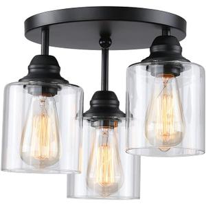 3-Lights Industrial Semi Flush Mount Ceiling Light, Vintage Light Fixture with Clear Seeded Glass Shade (1 Pack)