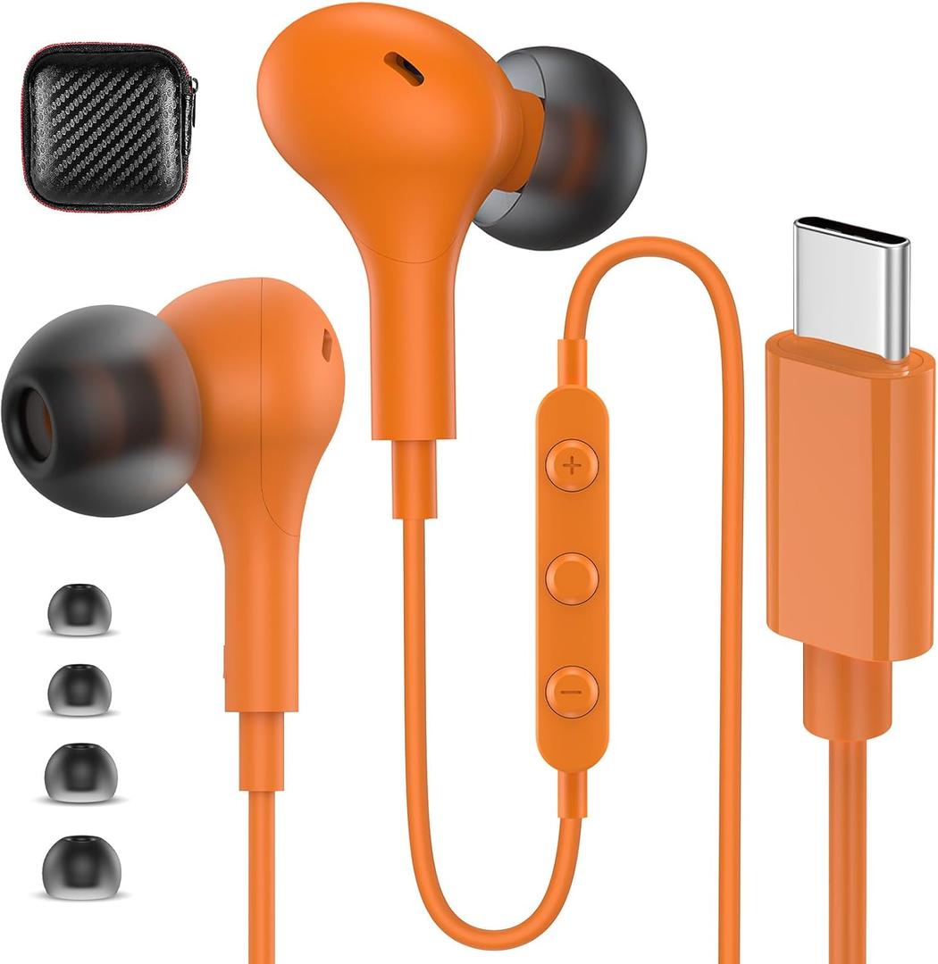 USB C Headphones Wired Earbuds for iPhone 17 16 Pro Max 15 for Samsung S26 S25 Ultra S24 S23 Wired Headphones,Corded USB Type C Earphones with Microphone& Remote for iPad 10 11th Pixel 10a 9 9a,Orange
