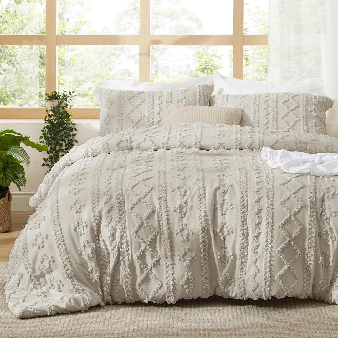 Bedsure Tufted Boho Comforter Set Queen Size - Linen Boho Bed Set, GentleSoft 3 Pieces Farmhouse Shabby Chic Embroidery Bedding, Gifts for Woman, Soft Jacquard Queen Comforter for All Seasons (08 - Linen - Elegant)
