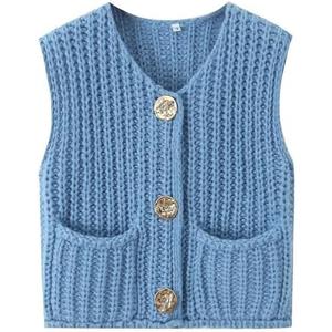 Women Crochet Knit Sweater Vest Button Up Cropped Casual Sleeveless Vest Fashion Vintage Cardigan with Pocket, Size XL