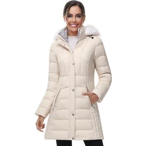 SLOW DOWN Women Winter Down Puffer Coat Warm Hooded Mid-Length Down Jacket for Women with Faux Fur Trim Hood and Pile Collar (Medium, Off-white)
