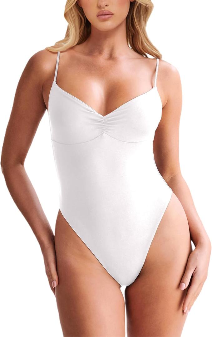 Women's Sexy V Neck Bodysuit Ruched Body Suits Spaghetti Strap Backless Cami Bodysuit Top, M