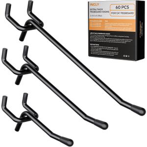 INCLY 60 Pack 2/4/6 Inch Black Pegboard Hooks, 1/4" Heavy Duty Peg Board Shelving Hooks Accessories, Peg Board Tool Hangers Fit for 1/4" Pegboard Hanging Tools Garage, Craft Organizing, Kitchen, Store