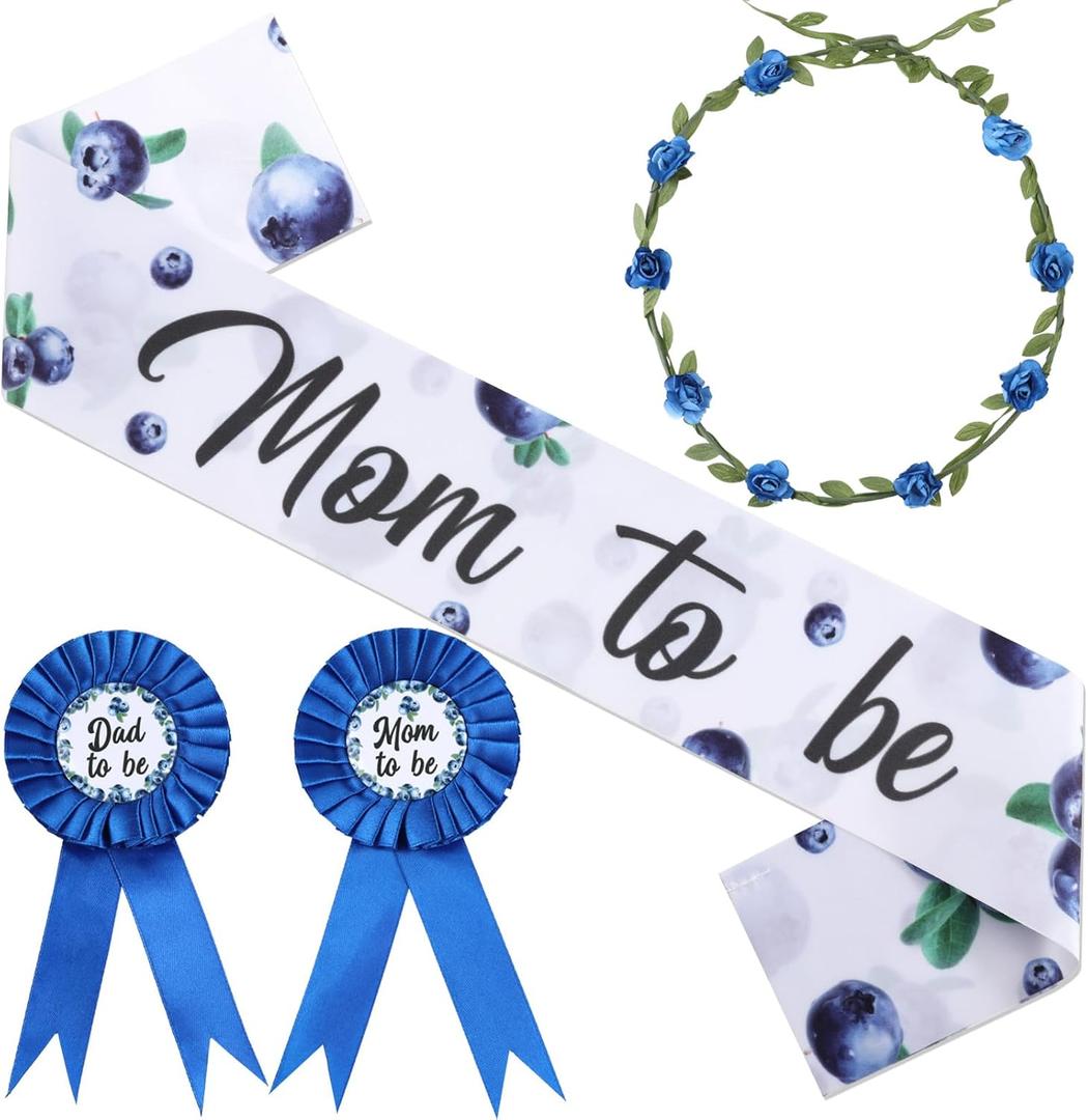 Serencatcher Blueberry Baby Shower Decorations, Berry Sweet Blueberry Mom to Be Sash Blue Berries Mom Dad to Be Pin Flower Crown Headband for A Berry Sweet Baby Is on the Way Baby Shower Party Favors