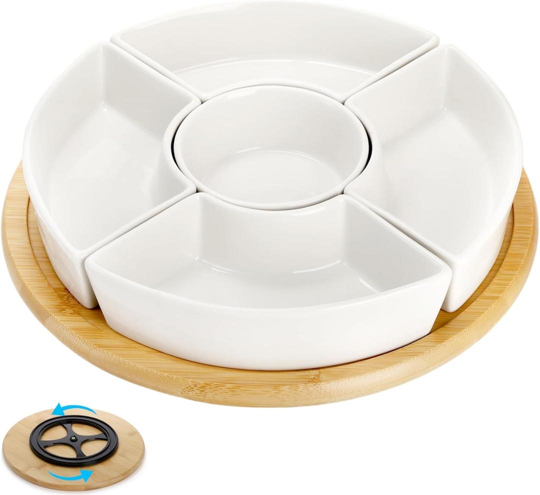Lyellfe Divided Serving Dish Lazy Susan, 360° Rotatable Porcelain Appetizer Snack Tray Platter for Fruit, Veggies, Candy, Relish Tray for Christmas Thanksgiving Party, 5 Removable Compartment, White