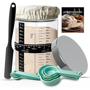 Sourdough Starter Jar Glass, 35oz Wide Mouth, Glass Jar for Sourdough Starter Kit Beginners, Sourdough Bread Starter Kit, Sourdough Discard jar with Lid, Recipe, Cover, Spoon