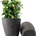 10 Inch Garden Planter Lightweight Indoor Outdoor Pots with Drainage Hole for Potted Plants Flowers Greenery, Set of 2, Black Grain Texture