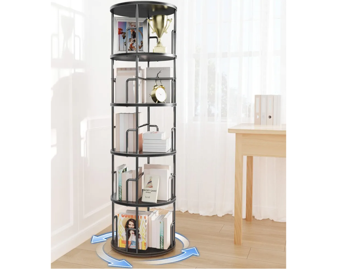 5 Tier Rotating Bookshelf Tower Round Black,62”Tall Standing Spinning Bookshelf Tower Anti-Tipping Design,Metal & Wood Revolving Bookcase Stackable Space Saving for Small Spaces,Study,Living Room