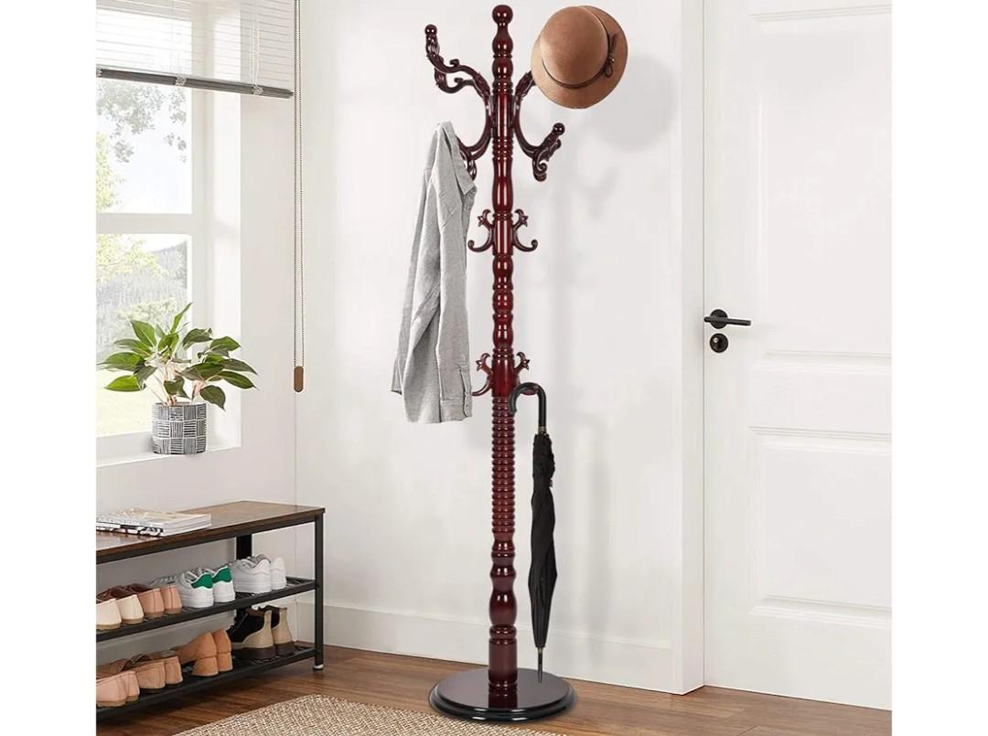 Wooden Coat Rack Freestanding, Vintage Coat Racks with Sturdy Round Base, Adjustable Height 37.40"-72.83" Entrance Coat Rack for Bedroom Living Room Entryway (Solid wood Rosewood)