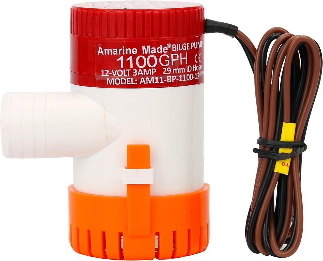 Amarine Made 1100gph 12v Boat Marine Plumbing Electric Bilge Pumps (1100gph 12v 3AMP 5AMP-Fuse 29MM ID Hose) White