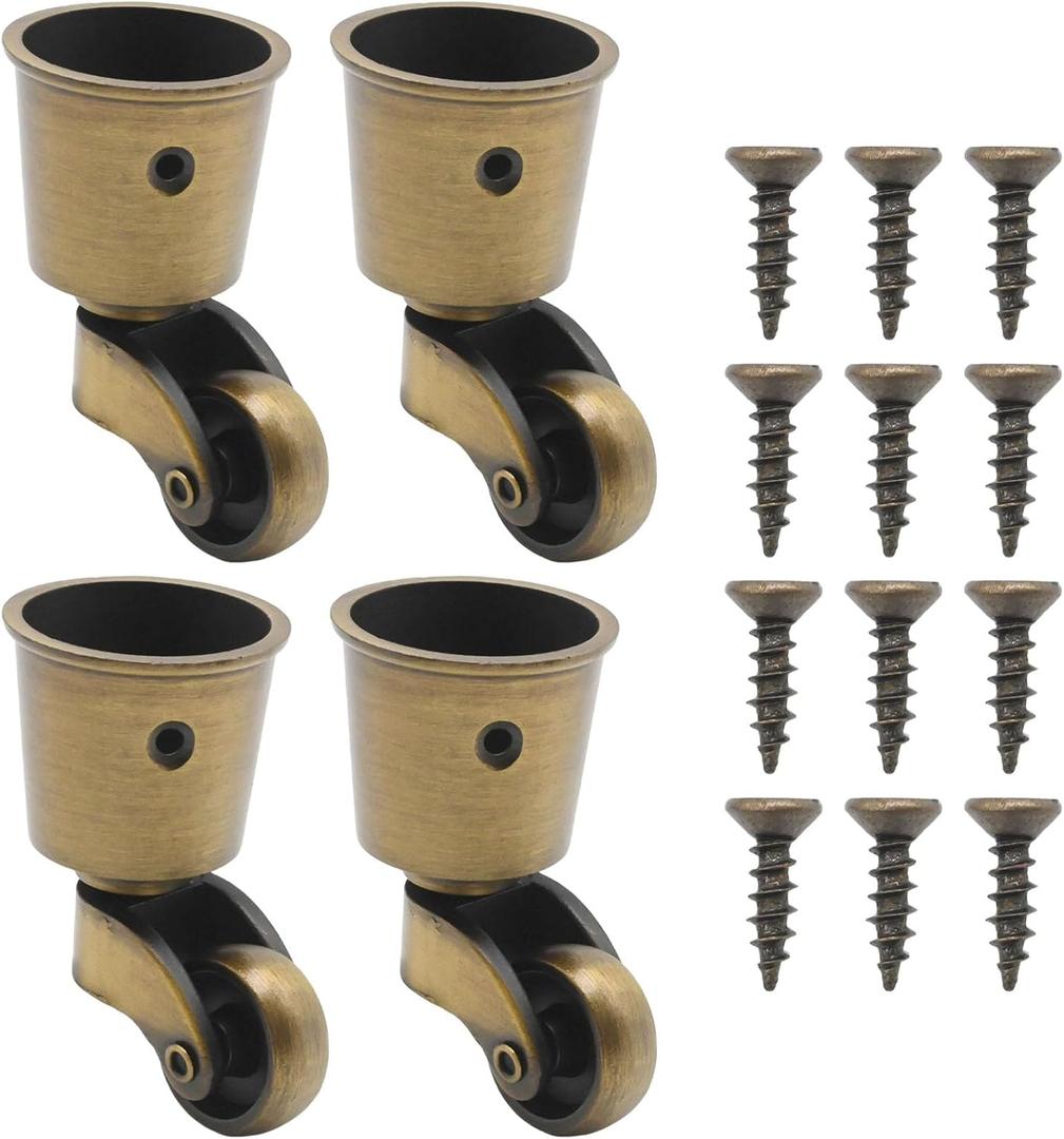 Anxingo 4 PCS Antique Brass Caster Cups, 2.6 x 1.5 Inch Cast Zinc Alloy Wheels, 360 Degree Swivel Pulleys, Suitable for Classical Furniture, Piano Legs, Coffee Tables, Bookshelves