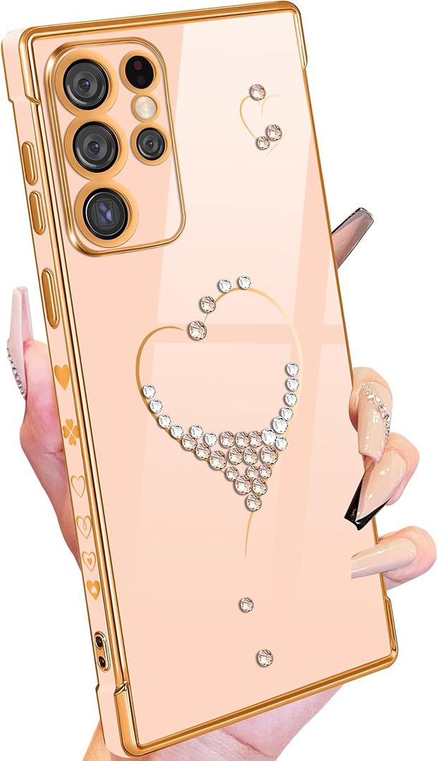 Petitian for Samsung Galaxy S23 Ultra Case, Cute Women Girls Bling Glitter Designed Heart Cases for Galaxy S23 Ultra, Girly Gold Plating Cover for Samsung S23 Ultra (Pink)