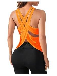 OYOANGLE Women's Open Back Workout Tops Racerback Athletic Loose Shirts Yoga Gym Clothes Sleeveless Running Tank Tops Orange Large