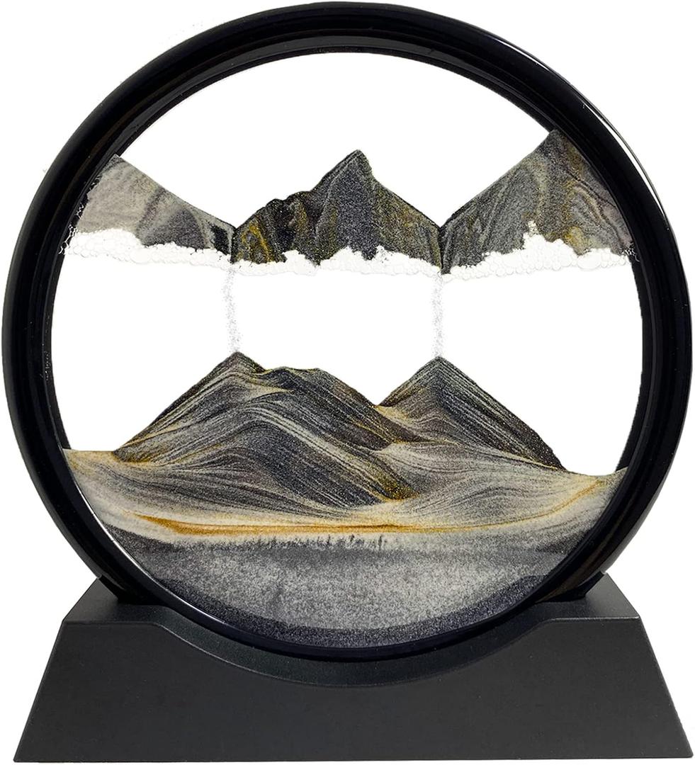Moving Sand Art Picture - Sand Art Liquid Motion 3D Deep Sea Sandscape, Round Glass Frame Display Flowing Sand Relaxing Toy for Desktop Home Office Work Ocean Decor(Black, 7")